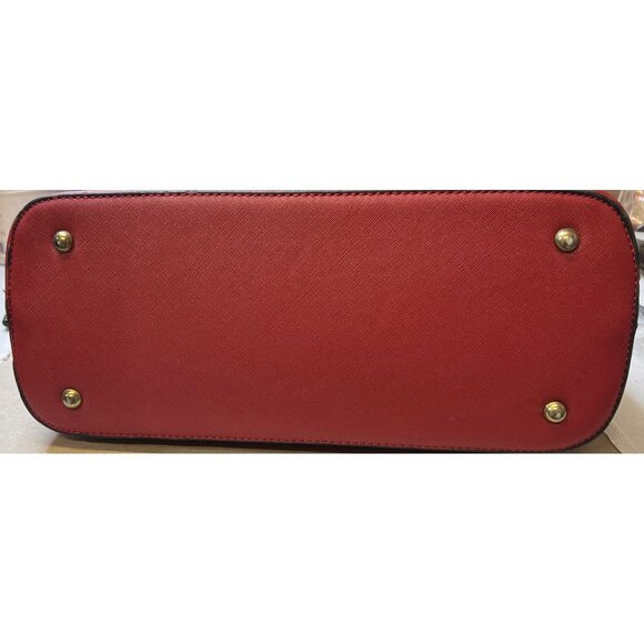 Red Solid Pattern Faux Leather Tote Bag Top Zip Inner Pockets with Strap 15”x12” - Picture 4 of 6